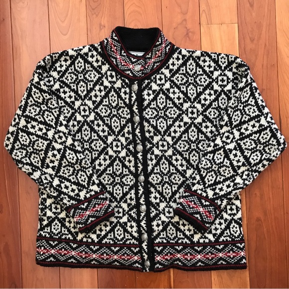 Vintage LL Bean Nordic Fair Isle Cardigan Sweater Silver Buttons Large Made USA - Picture 1 of 14